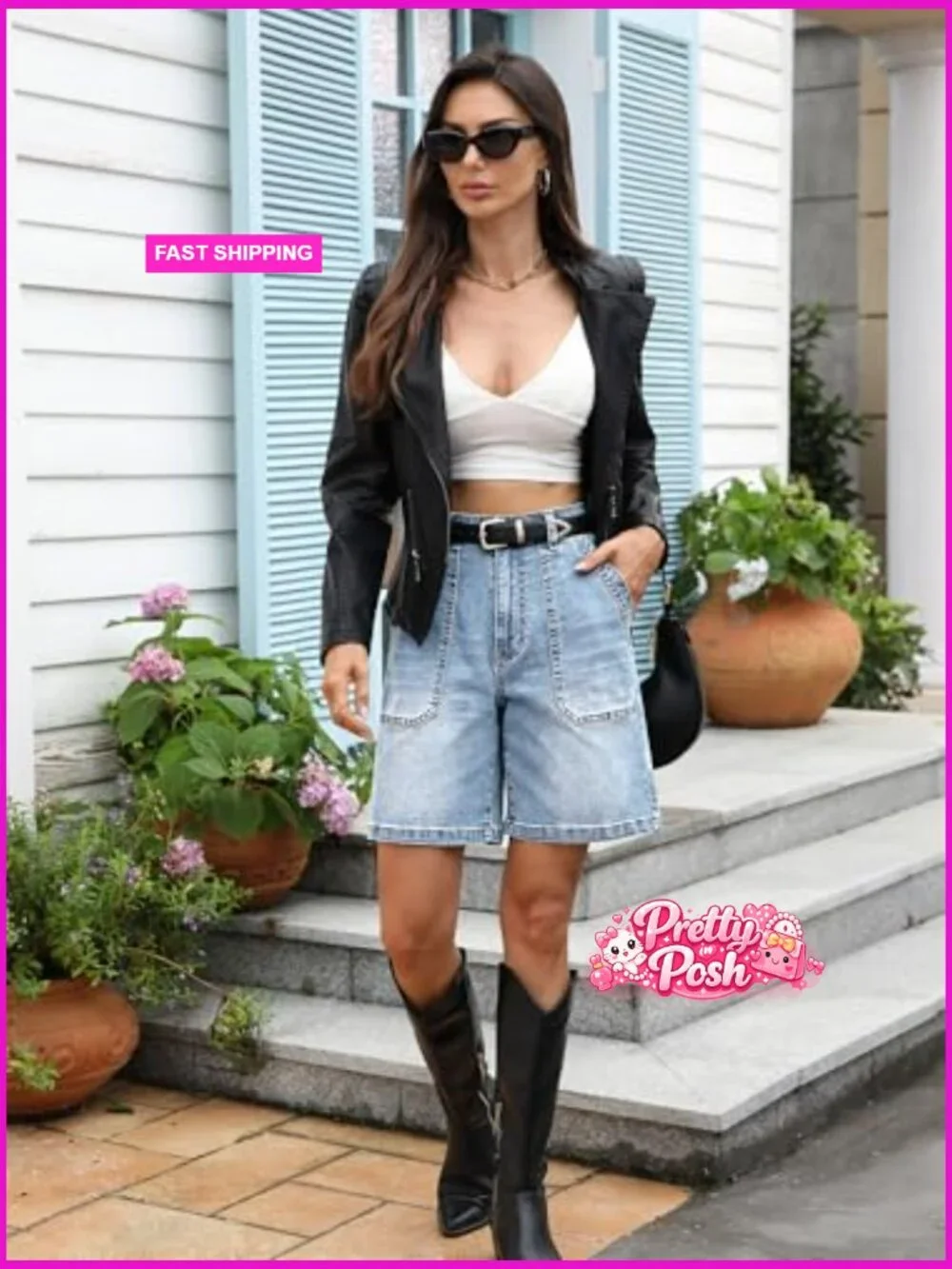 Denim Bermuda Shorts Elastic Waist Stretchy Jean Long Jorts with Pockets